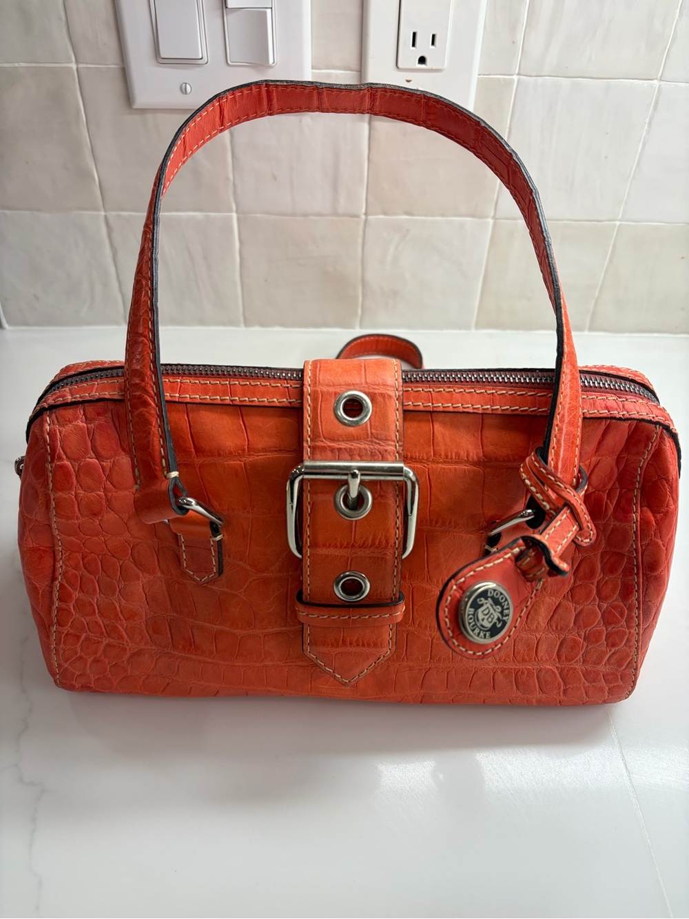 Dooney & Bourke Orange Croc-Embossed Leather Barrel Satchel with Dust Bag